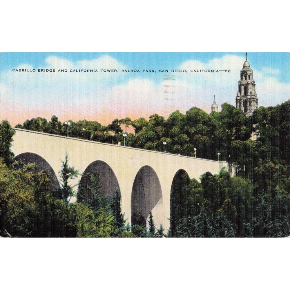 Vintage 1944 Cabrillo Bridge California Tower Balboa Park San Diego Postcard 52 - Picture 1 of 2